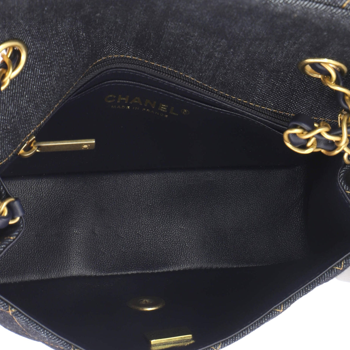 Classic Single Flap Bag Quilted Denim Mini