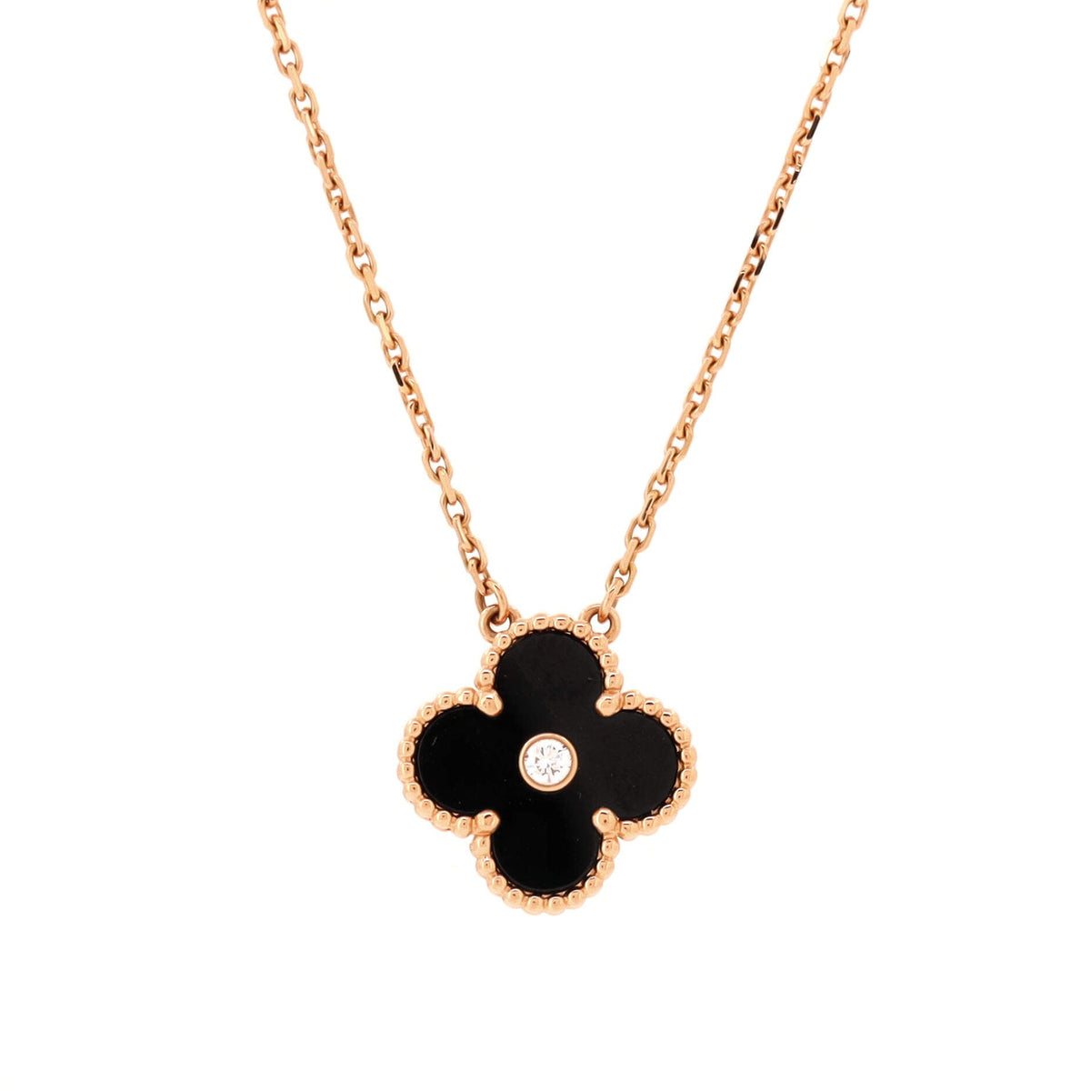 Vintage Alhambra Pendant Necklace 18K Rose Gold and Onyx with Diamond