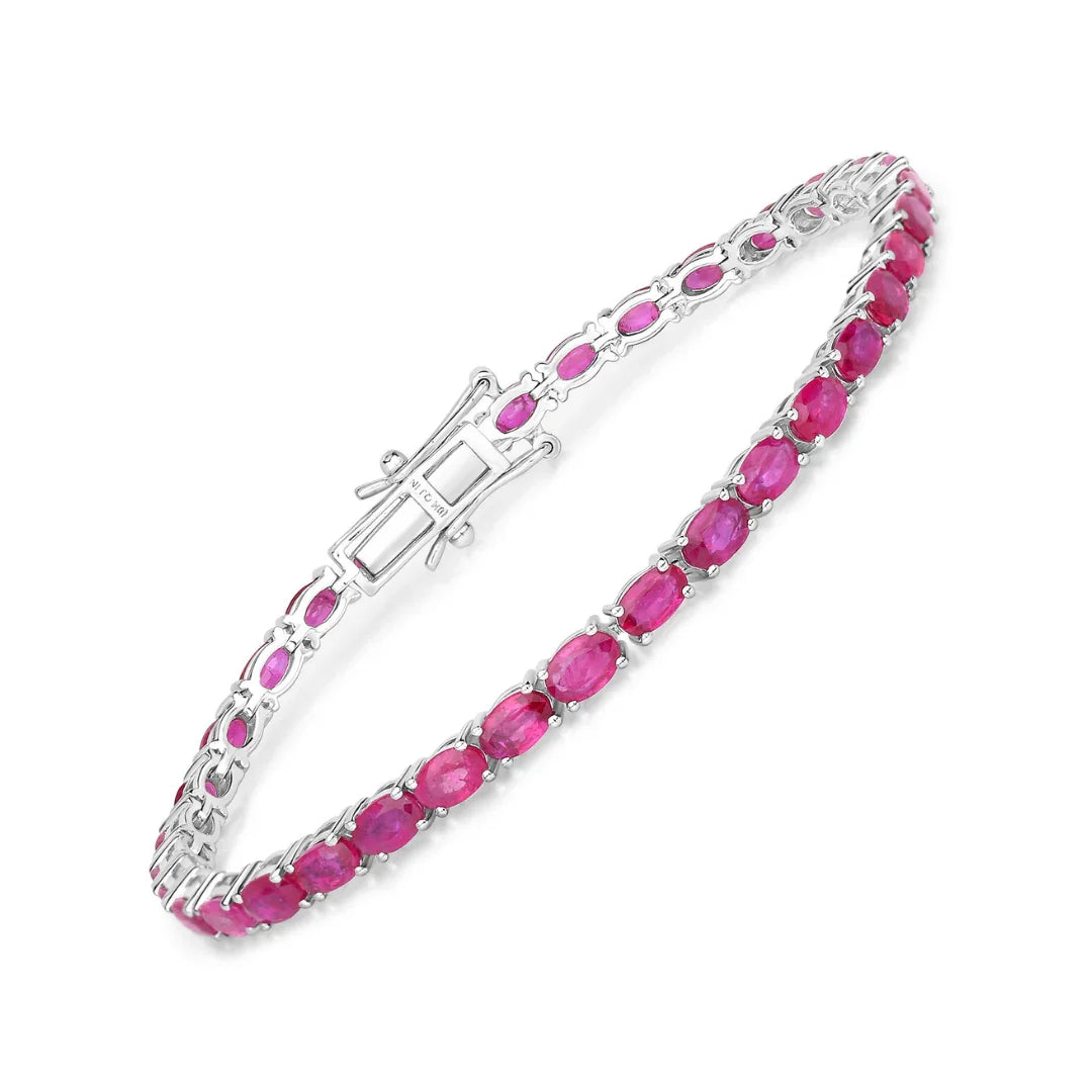 9.18 Ct Oval Pink Ruby Prong 10K Gold Inline Tennis Bracelet