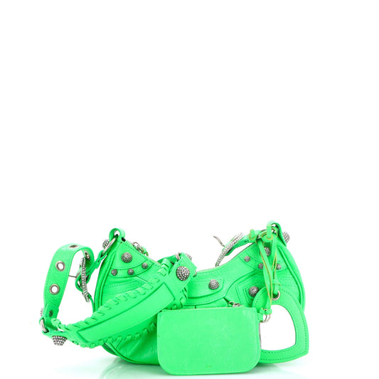 Le Cagole Giant Studs Shoulder Bag Leather with Crystals XS