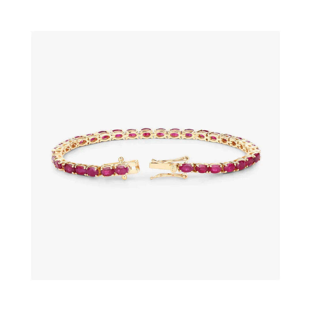 9.18 Ct Oval Pink Ruby Prong 10K Gold Inline Tennis Bracelet