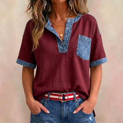 Women's Casual Loose-Fit Color-Block Patchwork Short-Sleeve Top