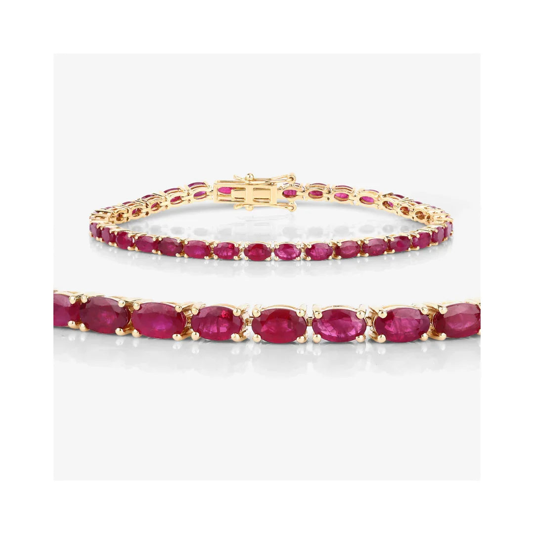 9.18 Ct Oval Pink Ruby Prong 10K Gold Inline Tennis Bracelet