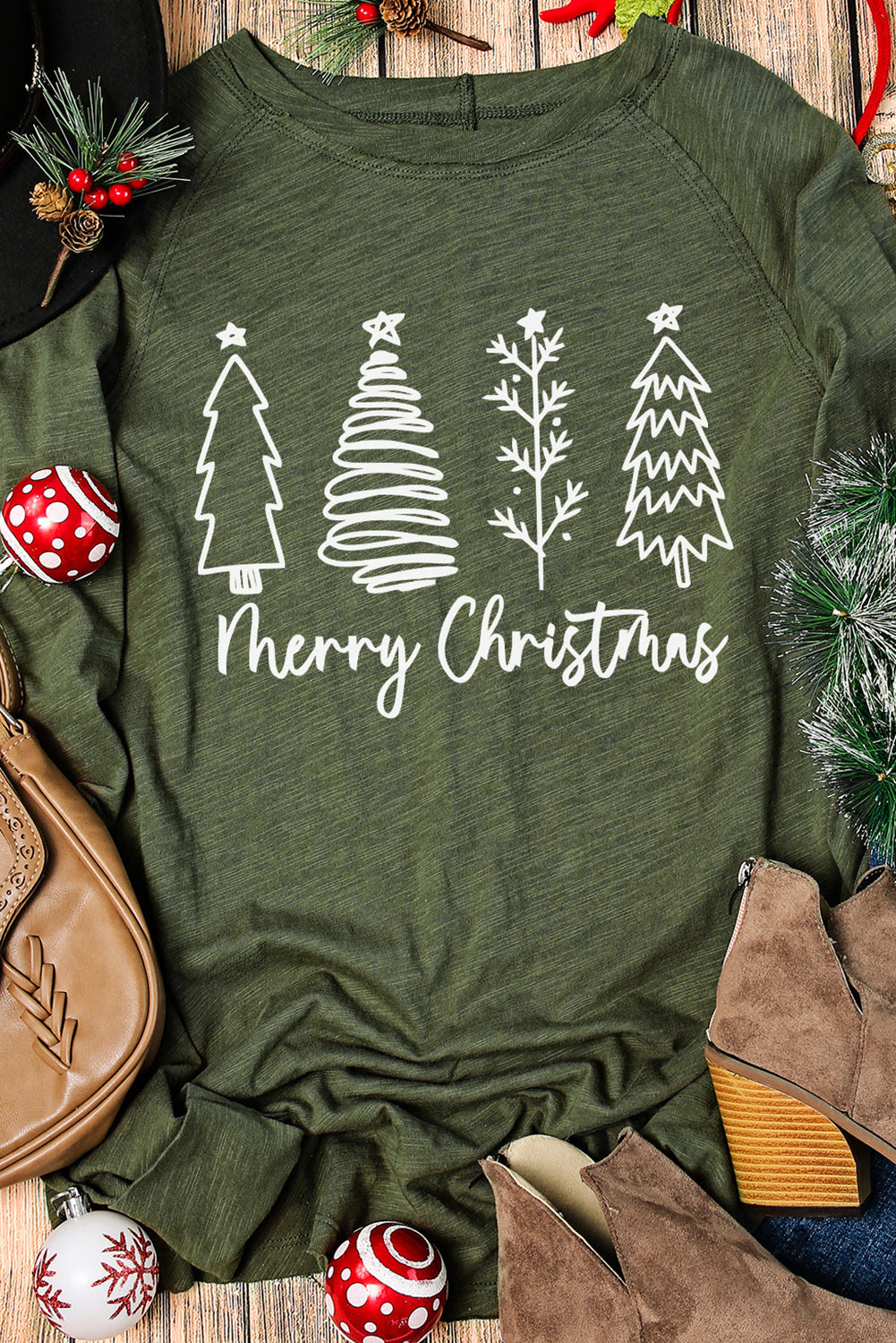 Threaded Pear Thea Merry Christmas Trees Thumbhole Sleeve Graphic Tee