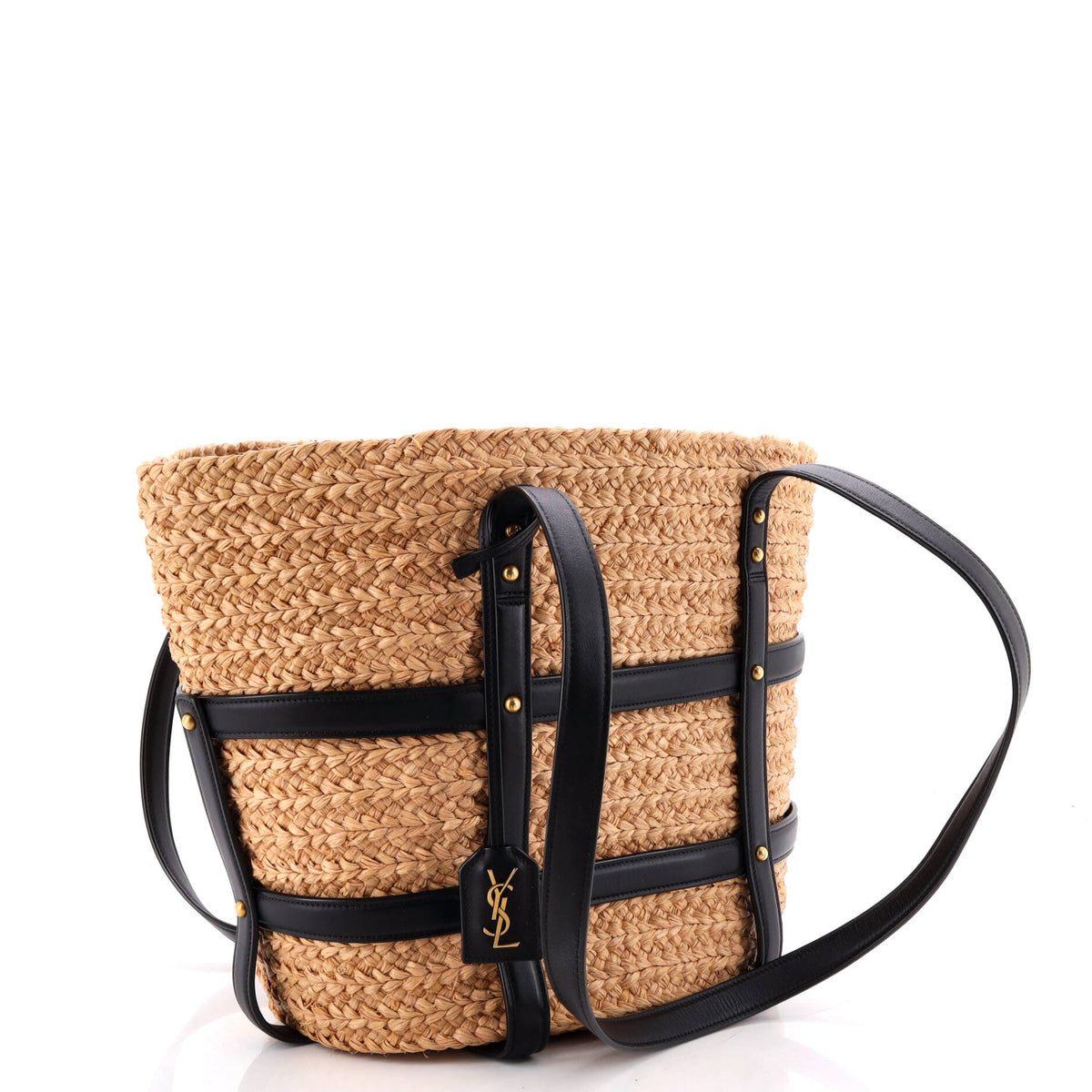 Caged Basket Tote Raffia with Leather