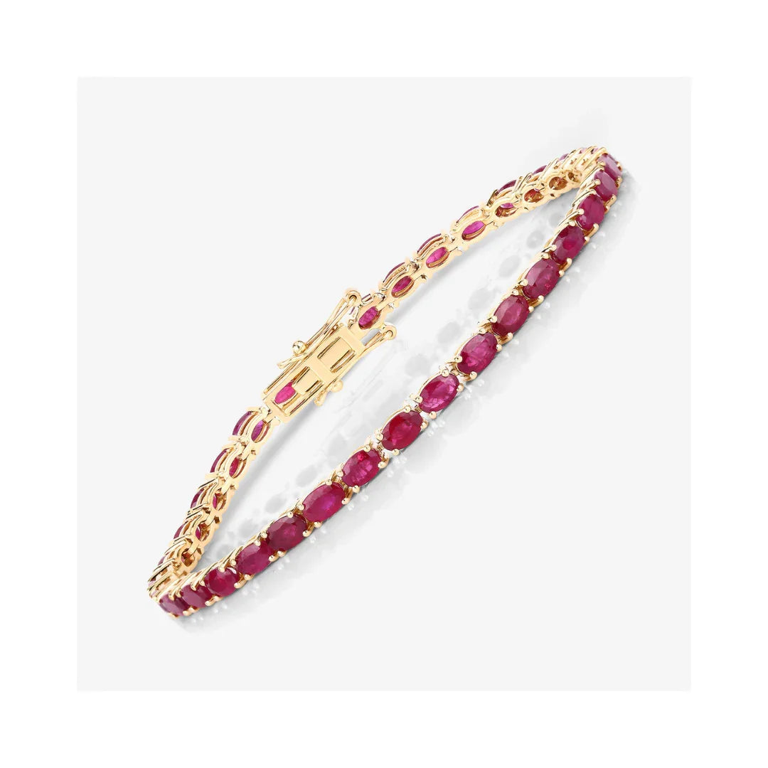 9.18 Ct Oval Pink Ruby Prong 10K Gold Inline Tennis Bracelet