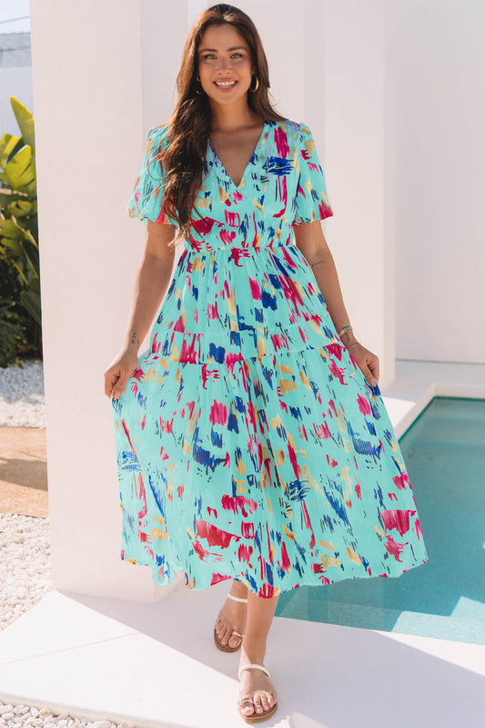 Threaded Pear Roselyn Abstract Short Puff Sleeve Tiered Maxi Dress