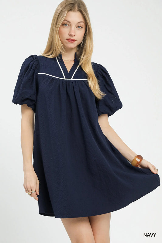 Umgee Puff Sleeve Textured Babydoll Dress