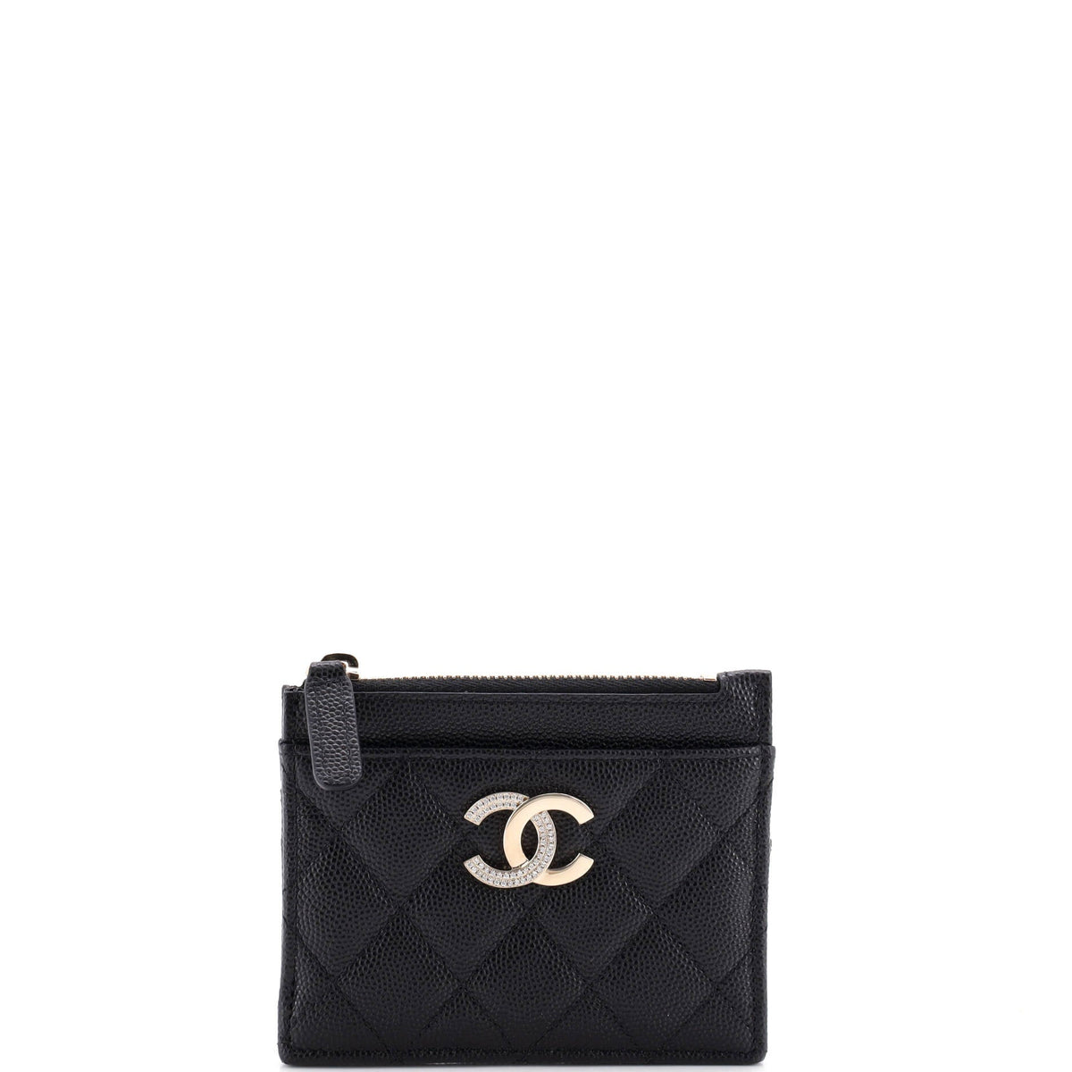 Crystal CC Square Zip Card Holder Wallet Quilted Caviar