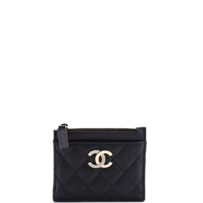 Crystal CC Square Zip Card Holder Wallet Quilted Caviar