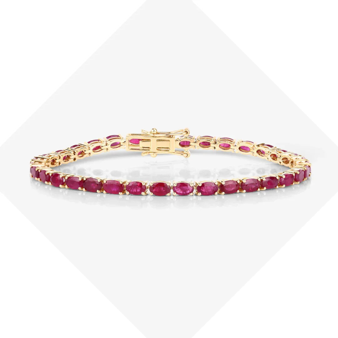 9.18 Ct Oval Pink Ruby Prong 10K Gold Inline Tennis Bracelet