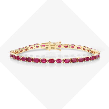 9.18 Ct Oval Pink Ruby Prong 10K Gold Inline Tennis Bracelet