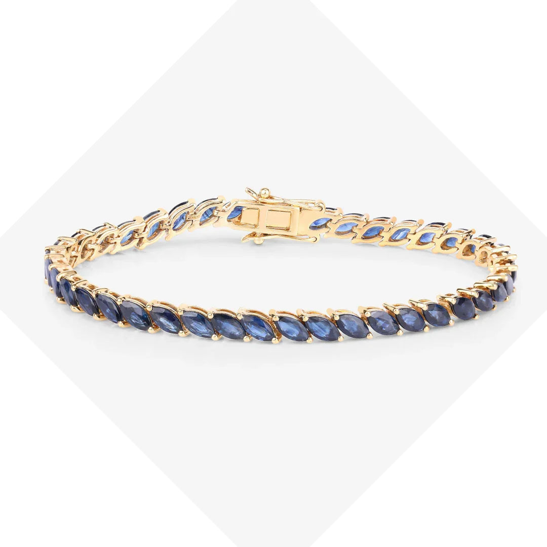 12.71 Ct Marquise Blue Sapphire Prong 10K Yellow Gold Diagonal Inline Tennis Bracelet