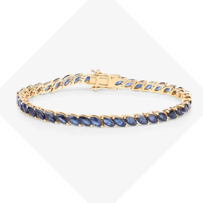 12.71 Ct Marquise Blue Sapphire Prong 10K Yellow Gold Diagonal Inline Tennis Bracelet