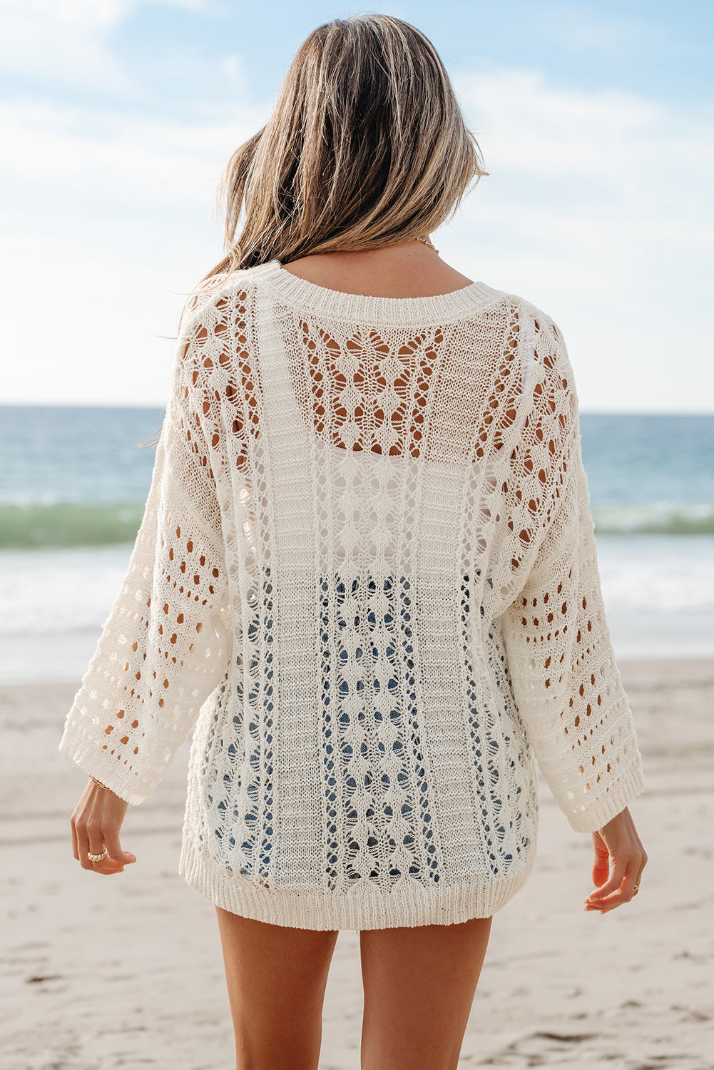 Threaded Pear Francesca Hollow Out Knit Bracelet Sleeve Sweater