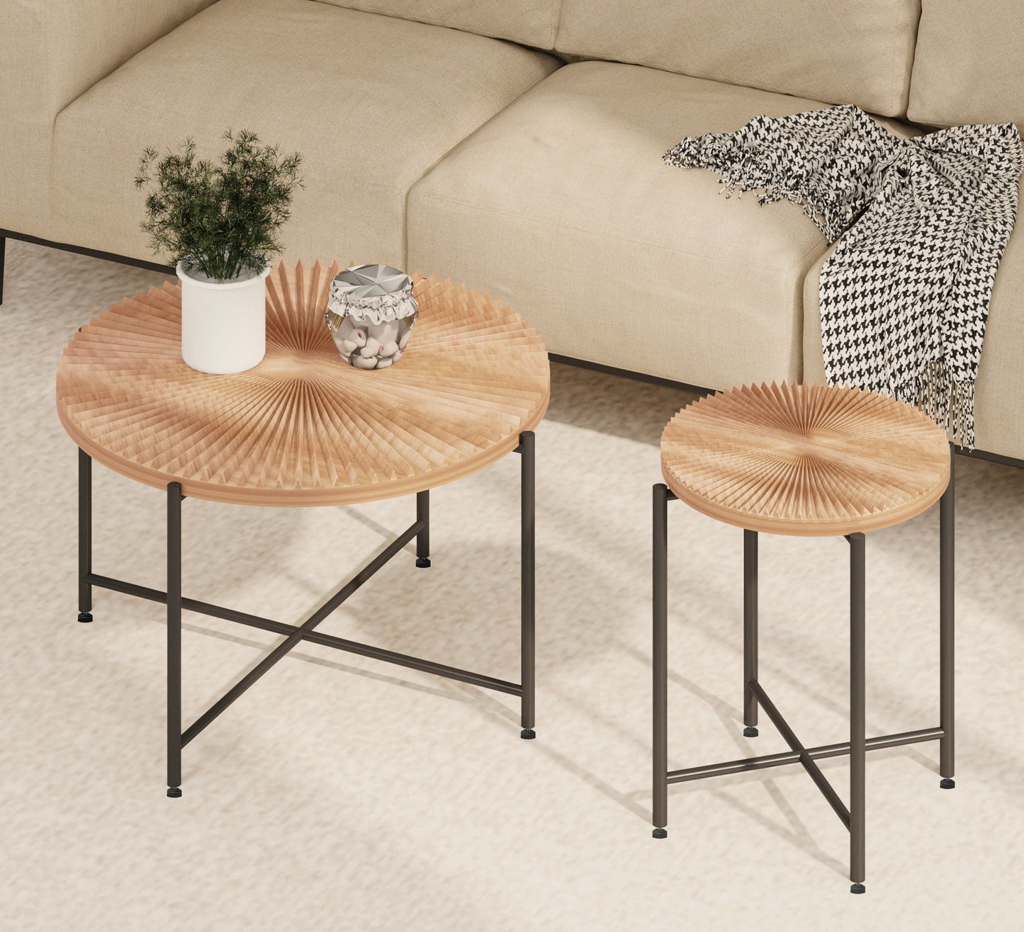 Radial - Pattern Coffee and End Table Set Waterproof Cover, Distressed Cylindrical Design (Set of 2)