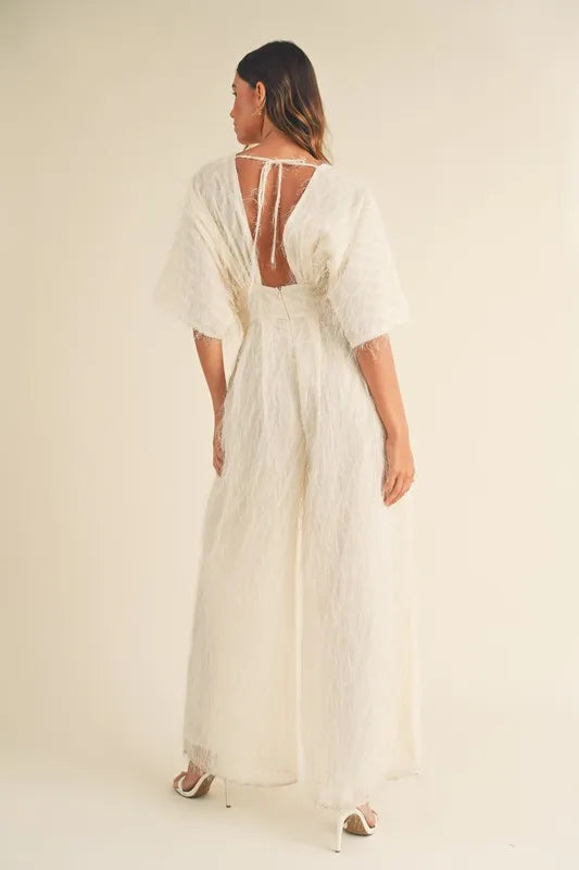 MABLE Fluffy Deep V Neck Wide Leg Jumpsuit