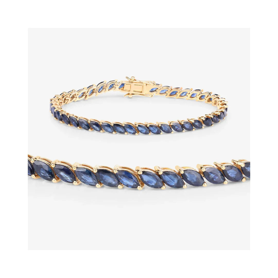 12.71 Ct Marquise Blue Sapphire Prong 10K Yellow Gold Diagonal Inline Tennis Bracelet