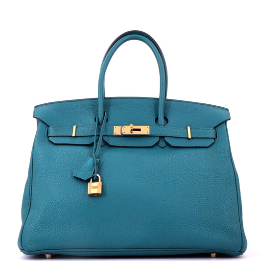 Birkin Handbag Bleu Izmir Clemence with Gold Hardware 35
