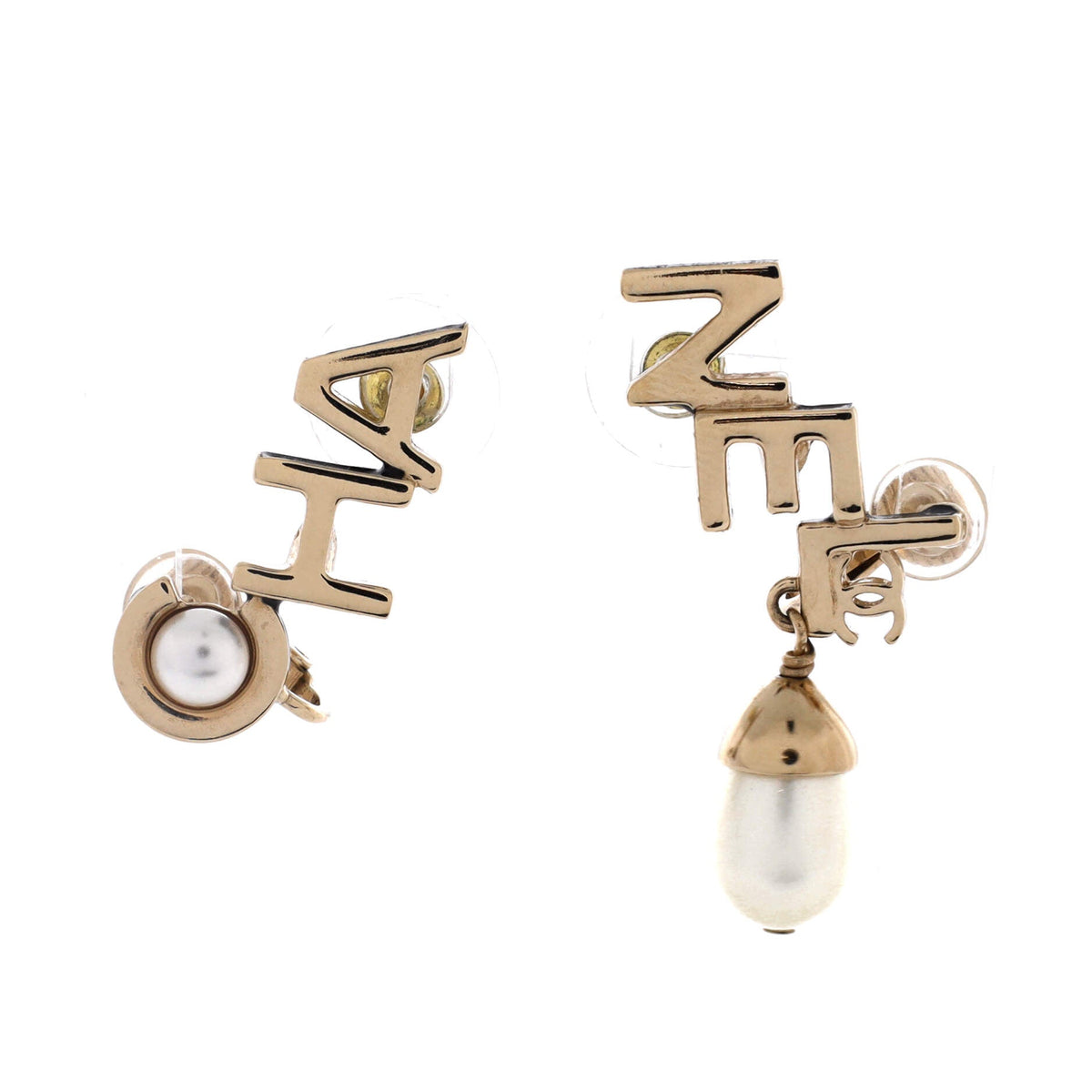 CHA-NEL CC Dangle Stud Earrings Metal with Faux Pearl