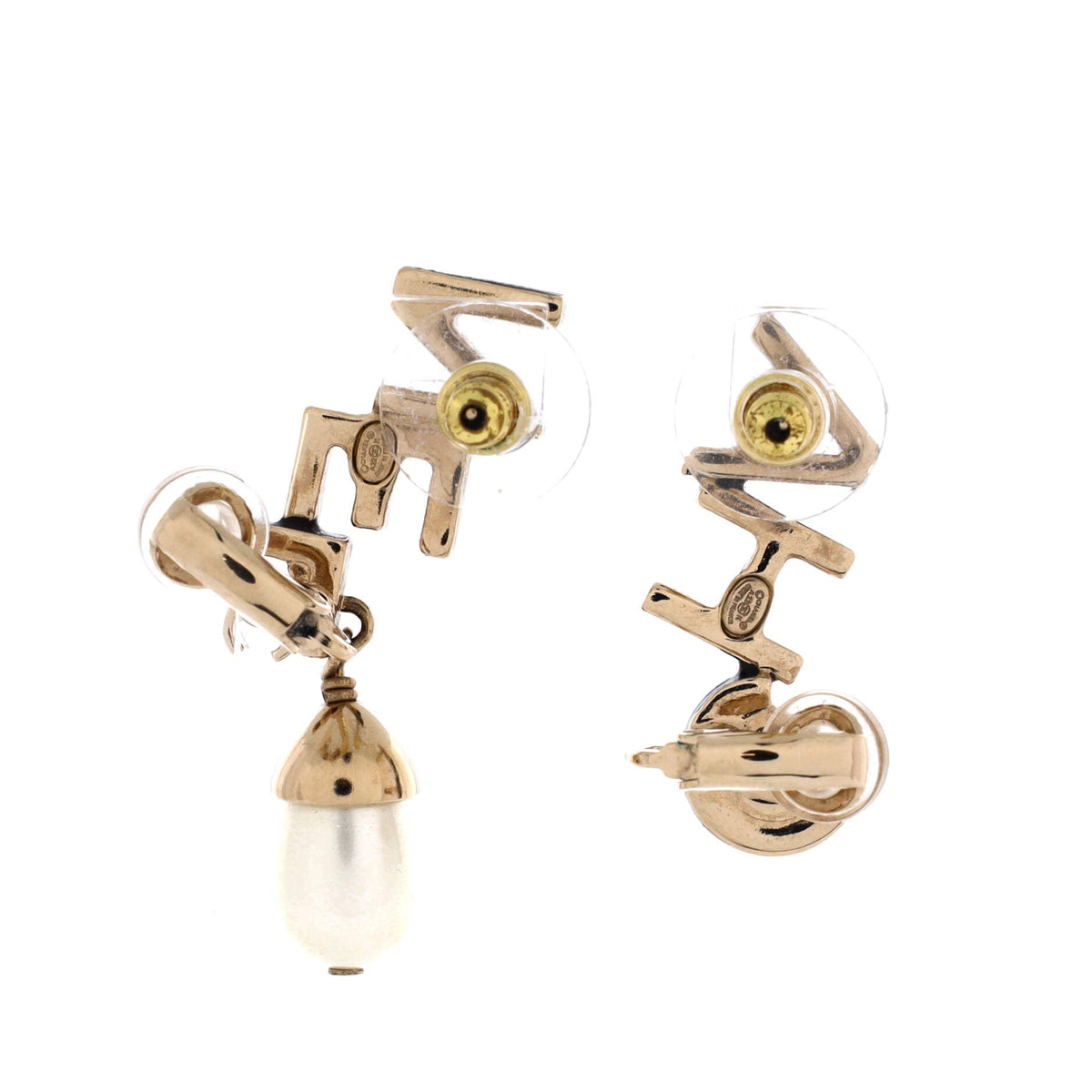 CHA-NEL CC Dangle Stud Earrings Metal with Faux Pearl