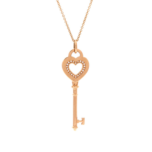 Heart Key Pendant Necklace 18K Rose Gold with Diamonds Medium
