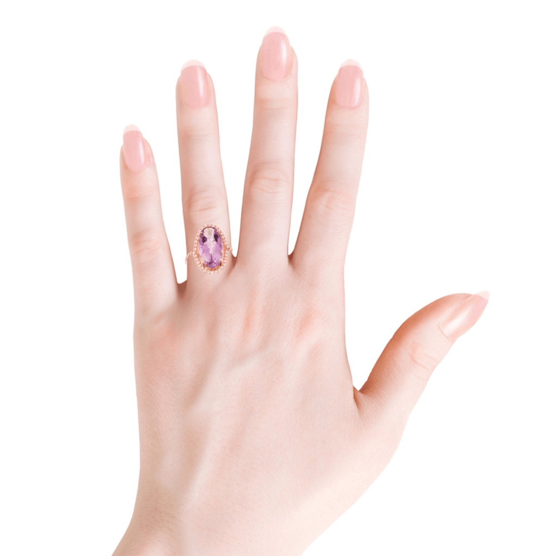5.92 Ct Oval Pink Amethyst Prong Silver Halo Bold Ring