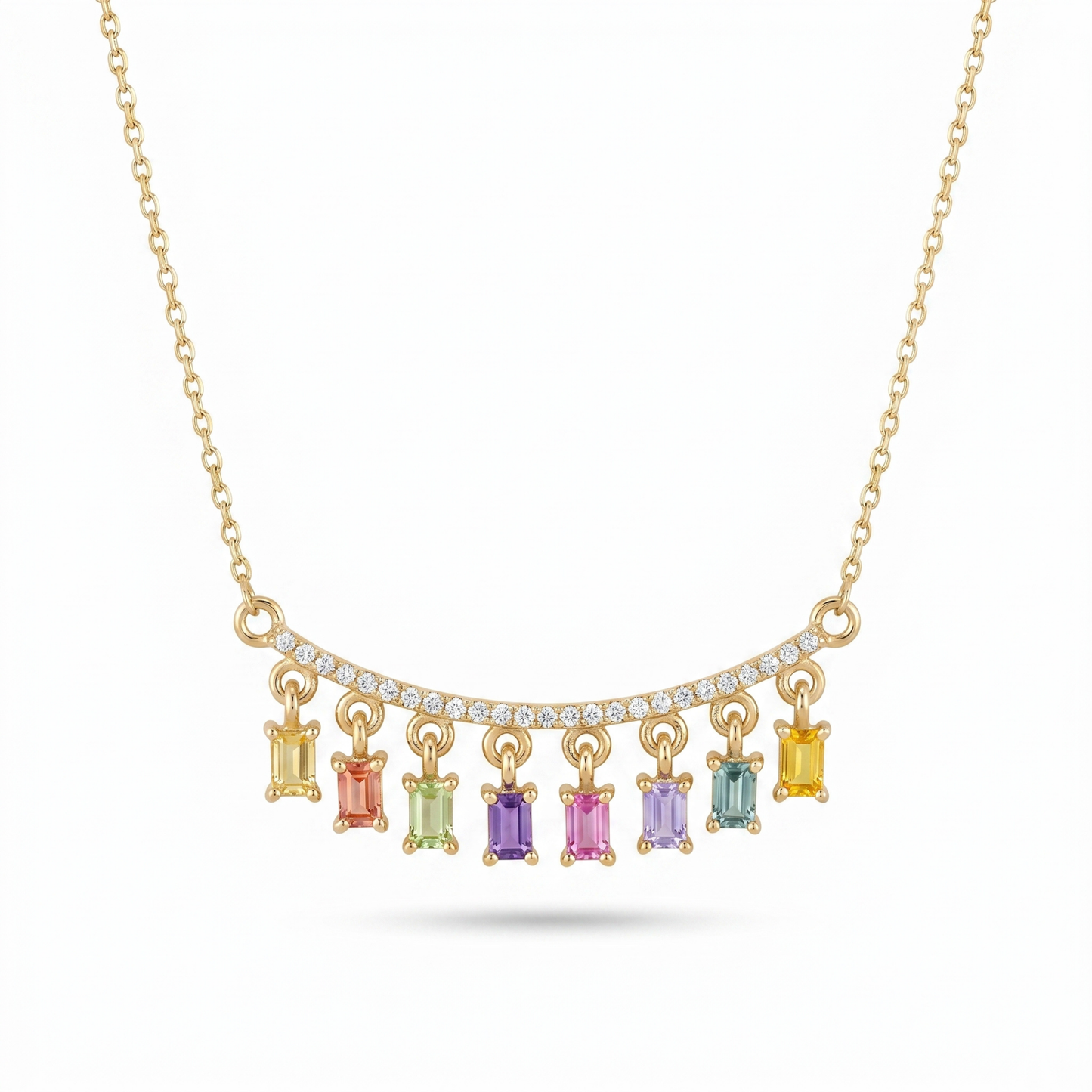 IGI Certified 0.78 Ct Baguette Multi Color Unheated Sapphire and Diamond 14K Yellow Gold Dangler Bar Necklace