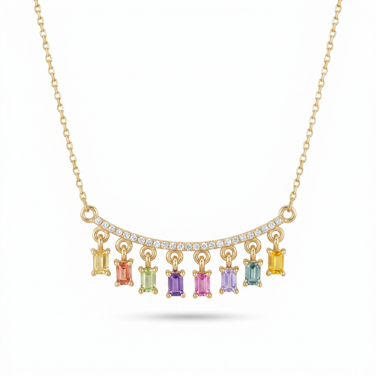 IGI Certified 0.78 Ct Baguette Multi Color Unheated Sapphire and Diamond 14K Yellow Gold Dangler Bar Necklace