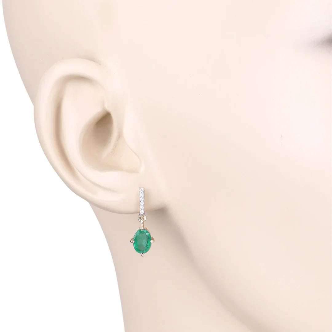 1.44 Ct Oval Green Zambian Emerald Diamond Prong 10K Gold Dangle Earrings