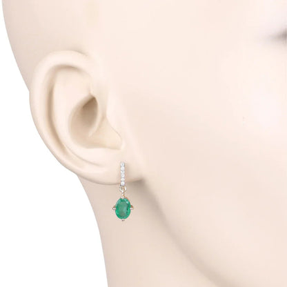 1.44 Ct Oval Green Zambian Emerald Diamond Prong 10K Gold Dangle Earrings