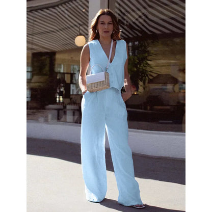 Women’s V‑Neck Button‑Front Vest & High‑Waist Pants Set