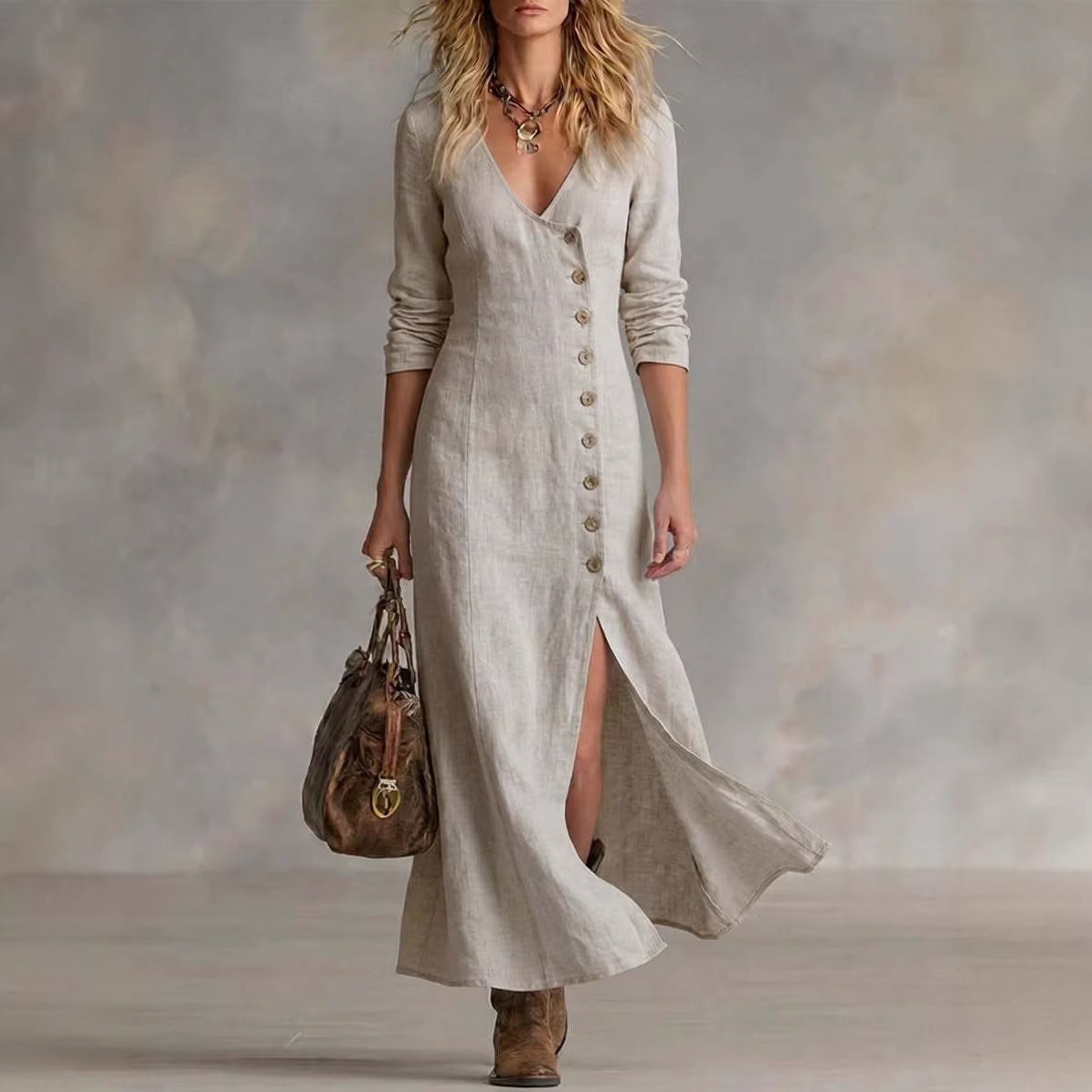 zulily linen dresses Casual Cotton Linen Long Sleeve Womens Dress Black / L