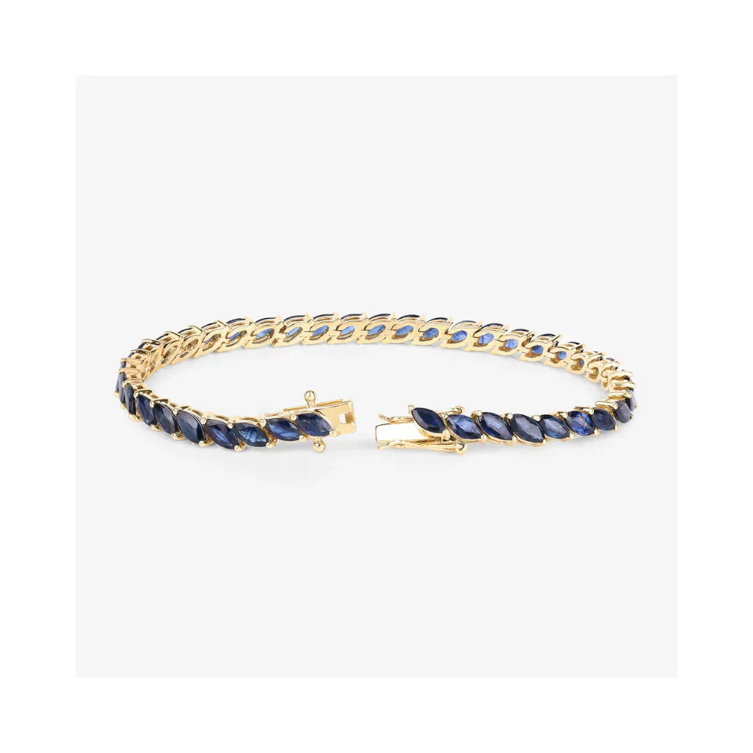 12.71 Ct Marquise Blue Sapphire Prong 10K Yellow Gold Diagonal Inline Tennis Bracelet