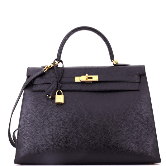 Kelly Handbag Noir Ardennes with Gold Hardware 35
