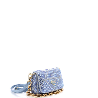 Triangle Chain Flap Bag Crystal Embellished Quilted Satin