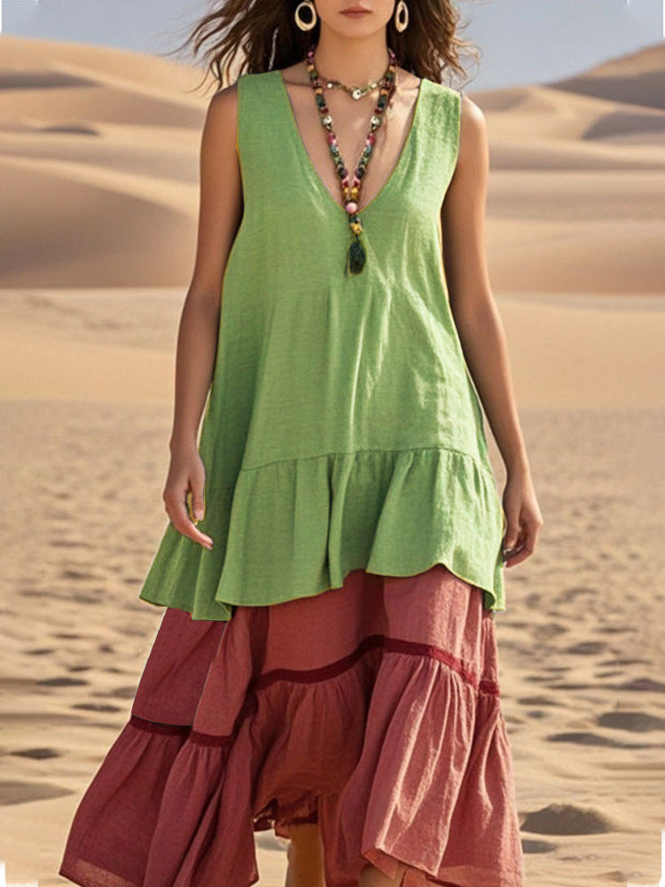 Women's Sleeveless Color-Block Patchwork Maxi Dress – V-Neck