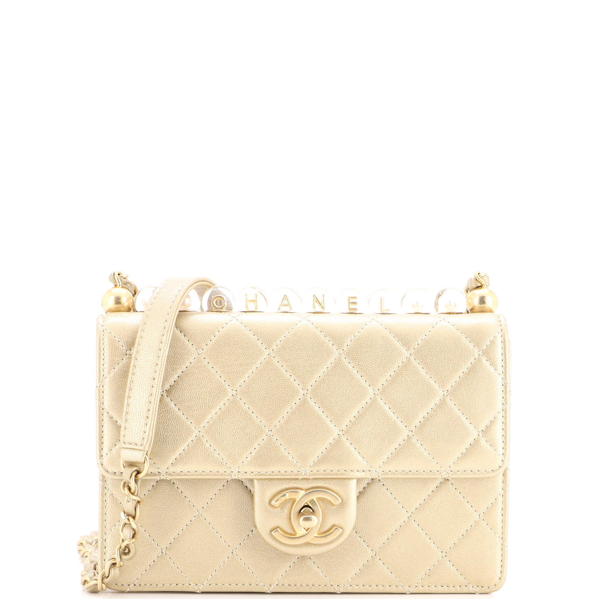 Chic Pearls Flap Bag Quilted Goatskin with Acrylic Beads Small