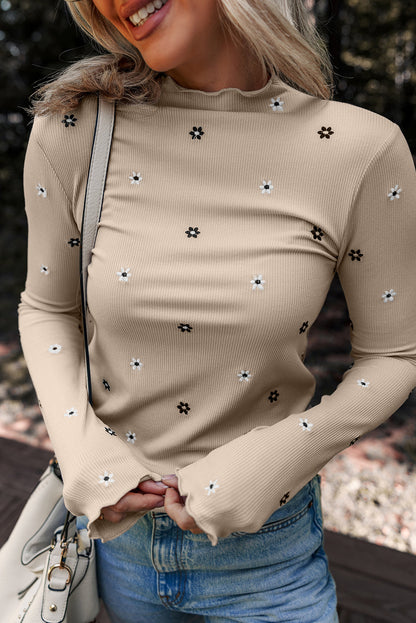 Threaded Pear Genesis Embroidered Detail Ribbed Long Sleeve Top