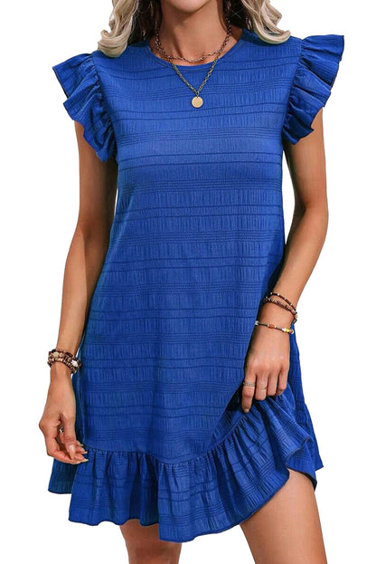 Dark Blue Textured Flutter Sleeve Ruffle Mini Dress