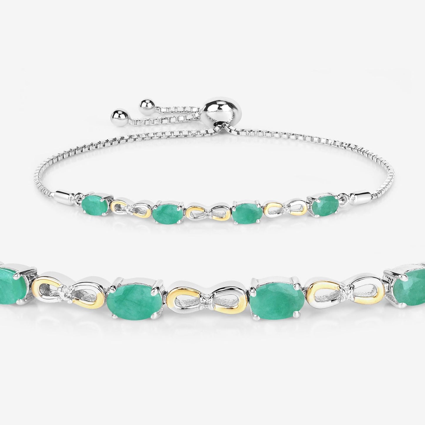 Oval Green Emerald Prong Silver Infinity Bolo Adjustable Bracelet
