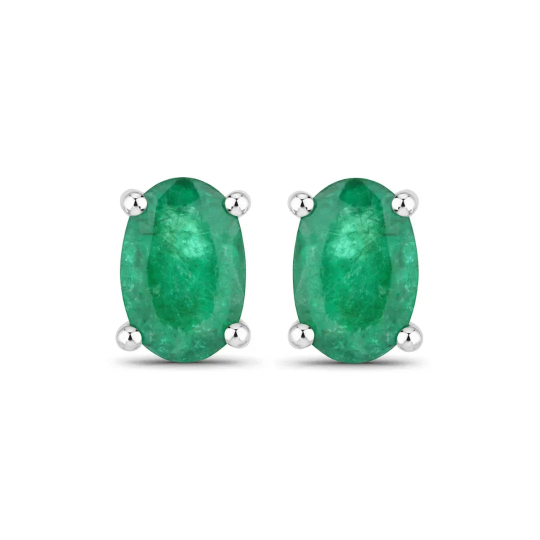 0.88 Ct Oval Green Zambian Emerald Prong 10K Gold Stud Earrings