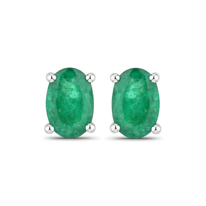 0.88 Ct Oval Green Zambian Emerald Prong 10K Gold Stud Earrings