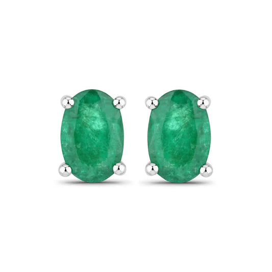 0.88 Ct Oval Green Zambian Emerald Prong 10K Gold Stud Earrings