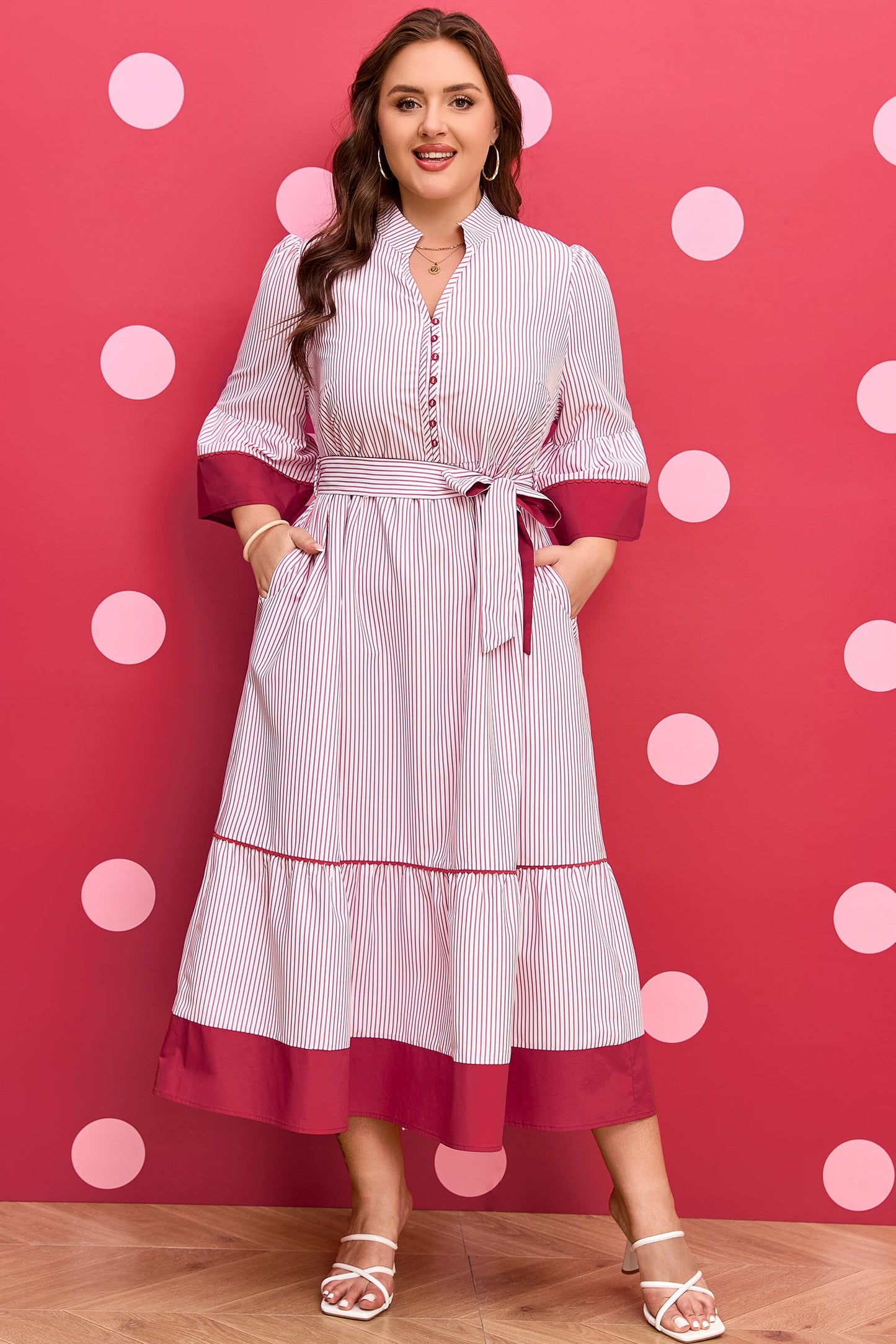 Threaded Pear Charlee Hem Pinstriped Midi PLUS Dress