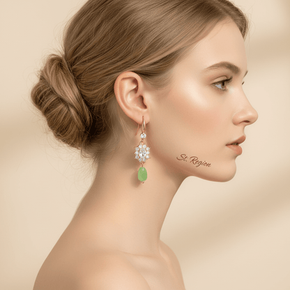 Crystal & Green Resin Cubic Zirconia Goldtone Oval Flower Drop Earrings