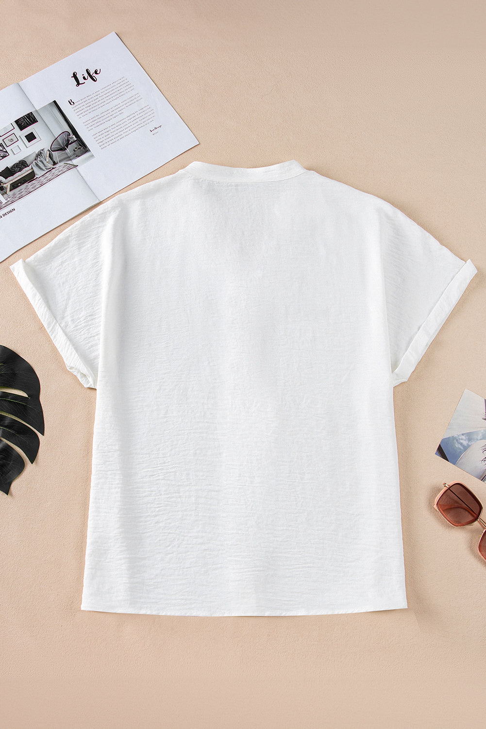 Threaded Pear Lilla Notched Neck Batwing Sleeve Lightweight Blouse