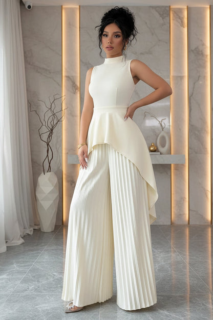 Women's Mock Neck Asymmetric Hi-Lo Peplum Top & Accordion Pleated Wide-Leg Palazzo Pants Set