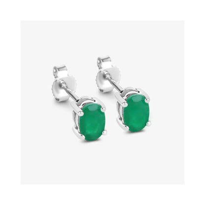 0.88 Ct Oval Green Zambian Emerald Prong 10K Gold Stud Earrings