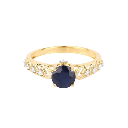 1.03 Ct Round Blue Sapphire & Diamond Prong 10k Gold Bridge Engagement Ring